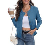 PrinStory Cárdiganes para Mujeres Reino Unido de Punto Trenzado Manga Larga Abotonados Suéter para Damas Frente Abierto Tejido Elegante Ropa Exterior, azul, L
