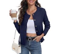 PrinStory Cárdigans para Mujeres Reino Unido de Punto Trenzado Manga Larga con Botones Suéter para Damas Frente Abierto Tejido Elegante Ropa Exterior, azul marino, L