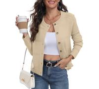 PrinStory Cárdigans para Mujeres Reino Unido de Punto Trenzado Manga Larga con Botones Suéter para Damas Frente Abierto Tejido Elegante Ropa Exterior, beige, L