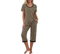 PrinStory Conjunto de Pijama para Mujer, Camiseta de Manga Corta y Pantalones Capri, Ropa de Estar por Casa, Ropa de Dormir, Conjuntos de Pijama con Bolsillos, L