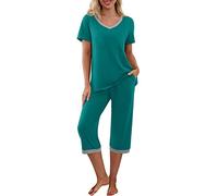PrinStory Conjunto de Pijama para Mujer, Camiseta de Manga Corta y Pantalones Capri, Ropa de Estar por Casa, Ropa de Dormir, Conjuntos de Pijama con Bolsillos, L