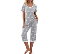 PrinStory Conjunto de pijama para mujer, camiseta de manga corta y pantalones capri, ropa de estar por casa, ropa de dormir, conjuntos de pijama con bolsillos, XL