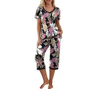 PrinStory Conjunto de Pijama para Mujer Camiseta de Manga Corta y Pantalones Capri Ropa de Estar por Casa Ropa de Dormir Conjuntos de Pijama con Bolsillos, L