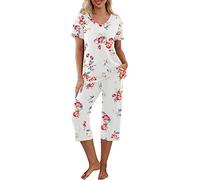 PrinStory Conjunto de Pijama para Mujer de Manga Corta Camiseta y Pantalones Capri Ropa de Estar por Casa Ropa de Dormir Conjuntos de Pijama con Bolsillos, Blanco rosa., L