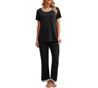 PrinStory Conjunto de Pijama para Mujer Tops de Manga Corta y Pantalones Largos Ropa de Dormir Pijamas Suaves para Damas Conjunto de Descanso con Bolsillos, A- Negro, S