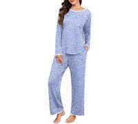 PrinStory Conjuntos de Pijama para Mujer de Manga Larga Ropa de Dormir Top de Cuello Redondo y Pantalón de Pierna Ancha Ropa de Descanso Pijamas con Bolsillos, L
