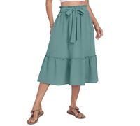 PrinStory Falda midi de verano para mujer, cintura elástica, escalonada, casual, acampanada, con bolsillos, De Aqua Mar, L