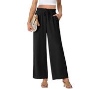 PrinStory - Pantalones palazzo de pierna ancha para mujer, ligeros, de verano, con cintura alta y cordón, pantalones casuales rectos, Negro, M