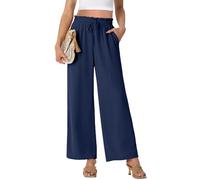 PrinStory - Pantalones palazzo de pierna ancha para mujer, ligeros, de verano, con cintura alta y cordón, pantalones casuales rectos, azul marino, L