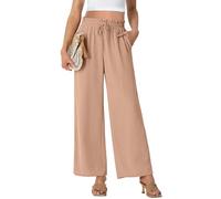 PrinStory - Pantalones palazzo de pierna ancha para mujer, ligeros, de verano, con cintura alta y cordón, pantalones casuales rectos, caqui, S