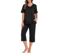 PrinStory Pijama de mujer con cuello en V de manga corta y pantalones largos 3/4, A negro., XL