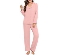 PrinStory Pijama largo para mujer con botones parte superior de manga larga y pantalones de pijama, rosa claro, S