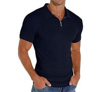 PrinStory Polo de manga corta para hombre, con cremallera, para golf, ocio, elástico, ajustado, camiseta, azul marino, XL