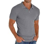 PrinStory Polo de manga corta para hombre, con cremallera, para golf, ocio, elástico, ajustado, camiseta, gris oscuro, L