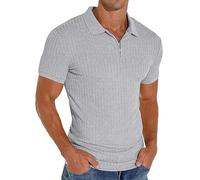 PrinStory Polo de manga corta para hombre, con cremallera, para golf, ocio, elástico, ajustado, camiseta, gris, L
