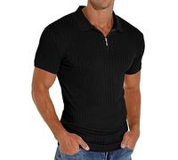 PrinStory Polo de manga corta para hombre, con cremallera, para golf, ocio, elástico, ajustado, camiseta, Negro , M