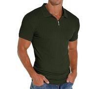PrinStory Polo de manga corta para hombre, con cremallera, para golf, ocio, elástico, ajustado, camiseta, verde oscuro, XL