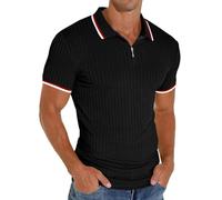 PrinStory Polo de manga corta para hombre, con cremallera, para golf, ocio, elástico, ajustado, camiseta, Zs Black, S