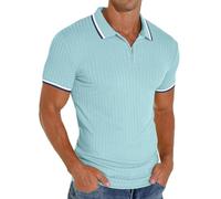 PrinStory Polo de manga corta para hombre, con cremallera, para golf, ocio, elástico, ajustado, camiseta, Zs Sky Blue, L