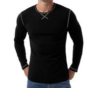 PrinStory Ropa interior térmica para hombre de manga larga con forro interior, camiseta térmica de cuello redondo, parte superior térmica, capa base térmica, Negro , L