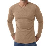 PrinStory Ropa interior térmica para hombre de manga larga con forro polar interior, camiseta térmica de cuello redondo, parte superior térmica, capa base térmica, caqui, M