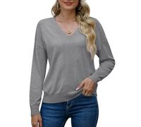 PrinStory Suéter de manga larga para mujer Sudaderas Cuello en V Suave Color sólido Tops Casual Prendas de punto, gris claro, XXL