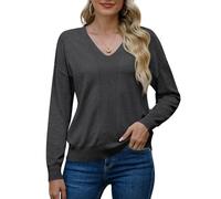 PrinStory Suéter de manga larga para mujer Sudaderas Cuello en V Suave Color sólido Tops Casual Prendas de punto, gris oscuro, XL