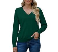PrinStory Suéter de manga larga para mujer Sudaderas Cuello en V Suave Color sólido Tops Casual Prendas de punto, verde oscuro, M