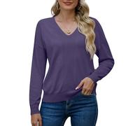 PrinStory Suéter de manga larga para mujer Sudaderas Cuello en V Suave Color sólido Tops Casual Prendas de punto, morado, M