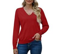 PrinStory Suéter de punto de cuello en V para mujer Argyle manga larga suéter de invierno para mujer Clashing colores suéter, rojo, L