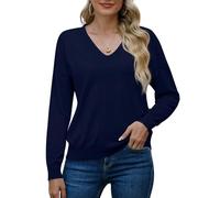 PrinStory Suéteres de punto de manga larga con cuello en V para mujer, color liso, azul marino, S