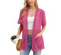 PrinStory Suéteres de punto para mujer, ligeros de manga corta, suéter de verano con bolsillo, casual, abertura frontal, cuello en V, ropa de mujer, rojo rosado, L