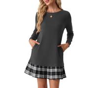 PrinStory Vestido tipo jersey para mujer con bolsillos y dobladillo plisado | Cuello redondo clásico, mangas largas para mayor cobertura, dobladillo plisado, 2 bolsillos laterales, lavable a máquina