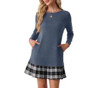 PrinStory Vestido tipo jersey para mujer con bolsillos y dobladillo plisado | Cuello redondo clásico, mangas largas para mayor cobertura, dobladillo plisado, 2 bolsillos laterales, lavable a máquina