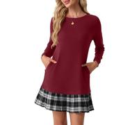 PrinStory Vestido tipo jersey para mujer con bolsillos y dobladillo plisado | Cuello redondo clásico, mangas largas para mayor cobertura, dobladillo plisado, 2 bolsillos laterales, lavable a máquina