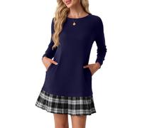 PrinStory Vestido tipo jersey para mujer con bolsillos y dobladillo plisado | Cuello redondo clásico, mangas largas para mayor cobertura, dobladillo plisado, 2 bolsillos laterales, lavable a máquina