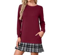 PrinStory - Vestidos de jersey para mujer, cuello redondo, manga larga, minivestidos para mujer del Reino Unido con falda plisada, rojo vino, L