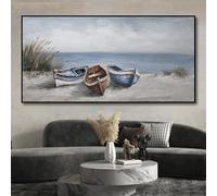 Print on Canvas 3 Boats Painting Artwork Nordic Abstract Seaside Beach Ship Pictures for Living Room Home Wall Art Decor (65x130cm/Inner Frame)