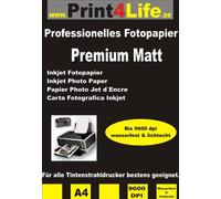 Print4Life 50 Hojas de Papel fotográfico Premium MATAS Papel Inkjet Photo Paper 120g /m² Caras A4 Recubrimiento Especial de 9600 dpi de inyección de Tinta Resistente al Agua