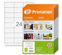 Printation Etiquetas adhesivas en blanco 64,3 x 33,8 mm, 12000 stickers, etiquetas 64,3x33,8 en 500 hojas autoadhesivas para imprimir DIN A4, 3x8 24 labels/hoja, para impresoras inkjet y láser