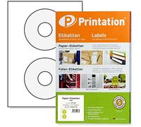 Printation Etiquetas Adhesivas para CD y DVD, 50 Etiquetas Redondas CD Clásicas de Papel Adhesivo para Imprimir, 2 Pegatina CD imprimir por hoja, Opacas, blanca, para impresoras inkjet y láser, 117 mm