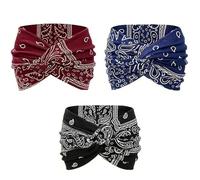 Printed Cross Yoga Headband,Boho Headbands for Women, Paisley Print Hair Band Wide Hair Band, Twist Headbands for Women (3Pcs-B)