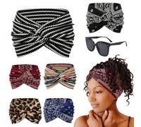Printed Cross Yoga Headband, Vintage Non-Slip Knotted Wrap Wide Headbands, Boho Style Pattern Print Elastic Hair Band for Running Sport (Color D, 24 * 14cm/9.4 * 5.5in)