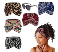 Printed Cross Yoga Headband, Vintage Non-Slip Knotted Wrap Wide Headbands, Boho Style Pattern Print Elastic Hair Band for Running Sport (5PCS, 24 * 14cm/9.4 * 5.5in)