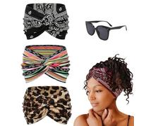 Printed Cross Yoga Headband, Vintage Non-Slip Knotted Wrap Wide Headbands, Boho Style Pattern Print Elastic Hair Band for Running Sport (3PCS-C, 24 * 14cm/9.4 * 5.5in)