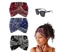 Printed Cross Yoga Headband, Vintage Non-Slip Knotted Wrap Wide Headbands, Boho Style Pattern Print Elastic Hair Band for Running Sport (3PCS-A, 24 * 14cm/9.4 * 5.5in)