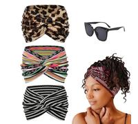 Printed Cross Yoga Headband, Vintage Non-Slip Knotted Wrap Wide Headbands, Boho Style Pattern Print Elastic Hair Band for Running Sport (3PCS-B, 24 * 14cm/9.4 * 5.5in)