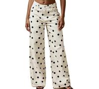 Printed Denim Pants For Women Casual Polka Dot Mid Rise Wide Leg Fit Jeans (White,XL)