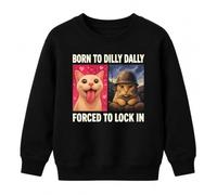 Printera Born to Dilly Dally Forced to Lock - Sudadera infantil | Sarcasmo Soldado Guerrero Humor Mascota Atención Dualidad Trabajo Dulce Campo de batalla Casco Dueño de gato Jugador