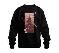 Printera Japón Pagoda Sakura Flor de Cerezo Templo Sudadera Suéter, Negro , L